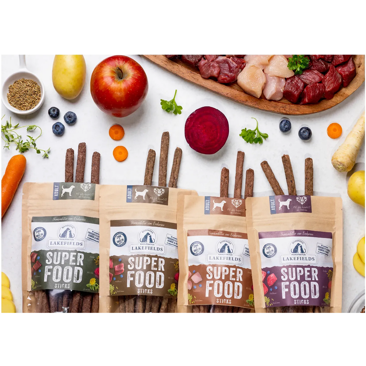Superfood Sticks vom Lamm verfeinert mit Spinat, Apfel und Hagebutte