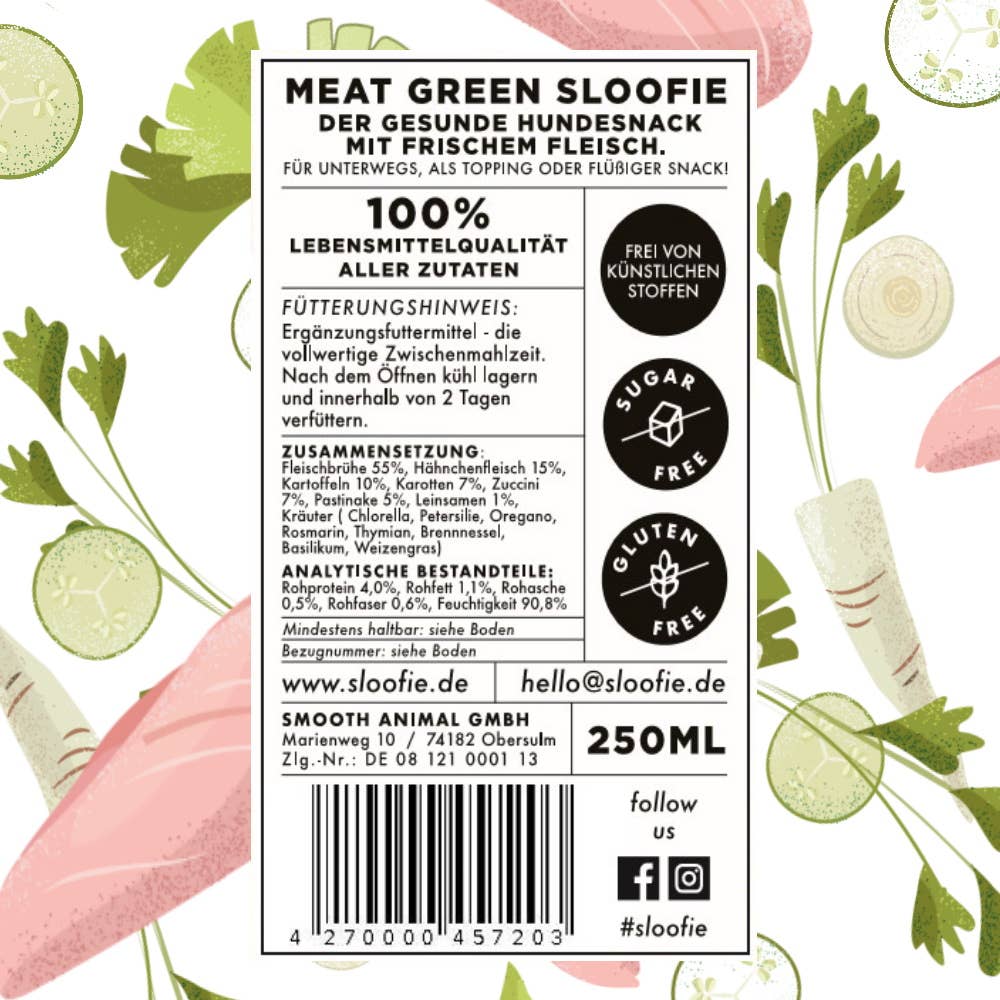 Rückseite der Sloofie Flasche Meat Green mit Zutatenliste und Fütterungshinweis