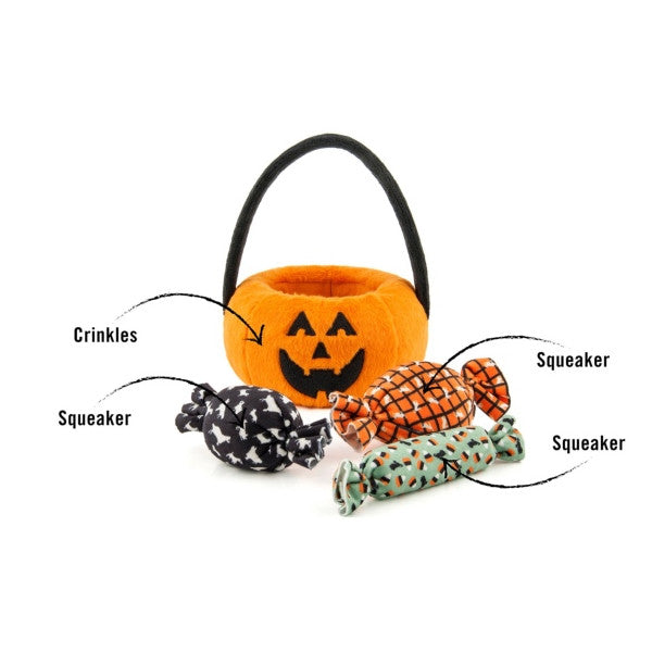 Toy pumpkin plush basket with sweets